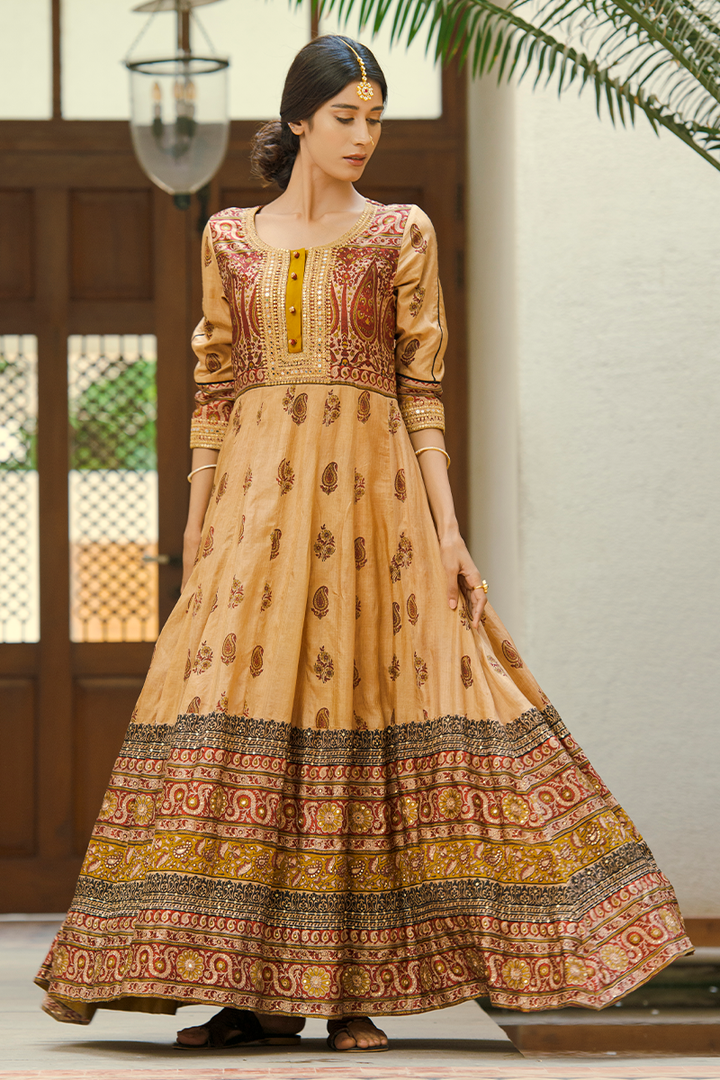 Coffee Brown Floor-Length Hand Block Printed Anarkali with Mirror, Sequins & Marori