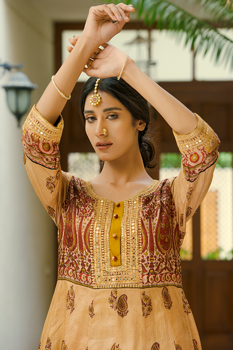 Coffee Brown Floor-Length Hand Block Printed Anarkali with Mirror, Sequins & Marori