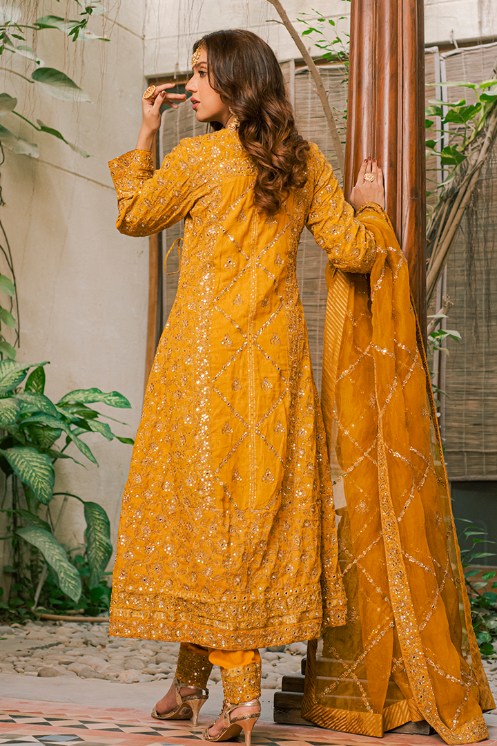 Mustard Angarkha with Hand Block Printing, Mirror, Tilla & Sequins Embellishment