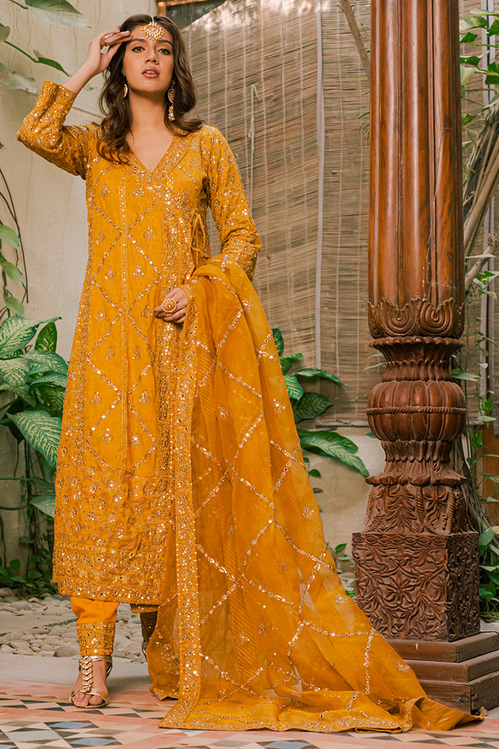 Mustard Angarkha with Hand Block Printing, Mirror, Tilla & Sequins Embellishment
