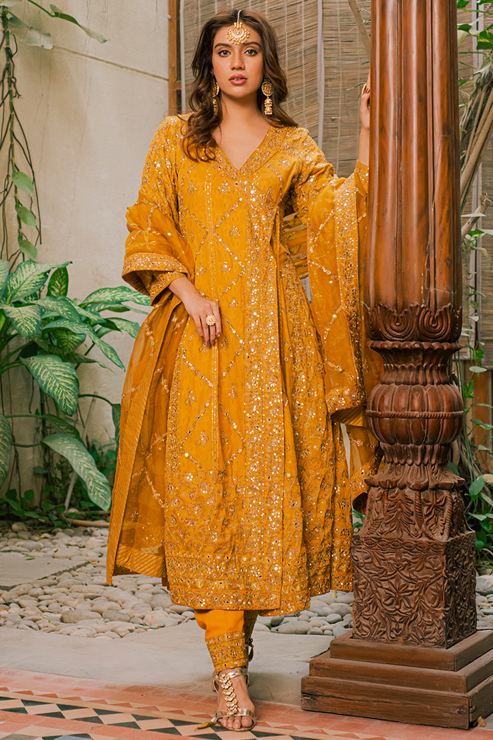 Mustard Angarkha with Hand Block Printing, Mirror, Tilla & Sequins Embellishment