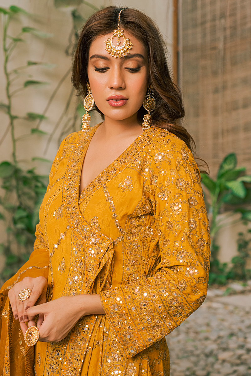 Mustard Angarkha with Hand Block Printing, Mirror, Tilla & Sequins Embellishment