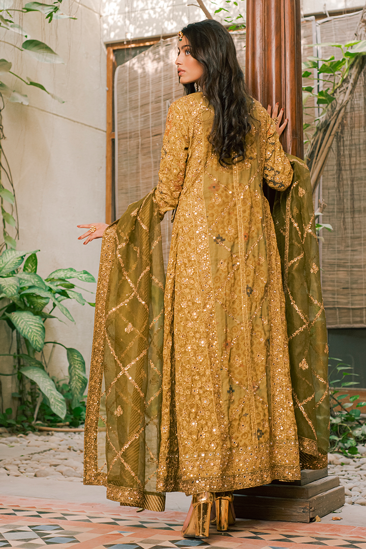 Mehndi Green Hand Block Printed Cotton Lawn Angarkha with Mirror and Tilla Work