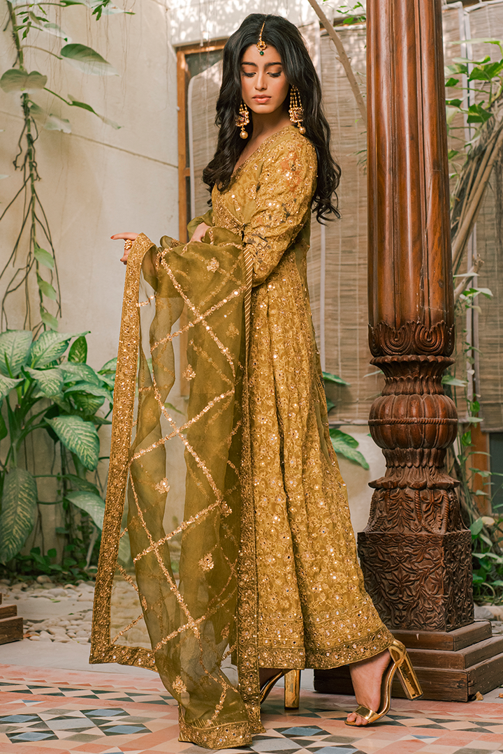 Mehndi Green Hand Block Printed Cotton Lawn Angarkha with Mirror and Tilla Work