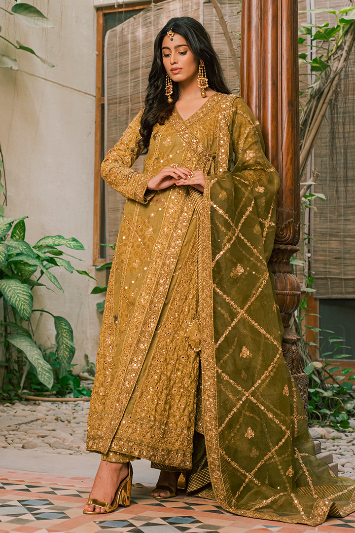 Mehndi Green Hand Block Printed Cotton Lawn Angarkha with Mirror and Tilla Work