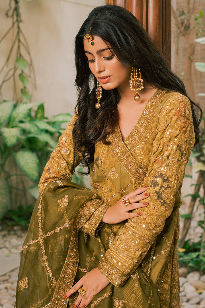 Mehndi Green Hand Block Printed Cotton Lawn Angarkha with Mirror and Tilla Work