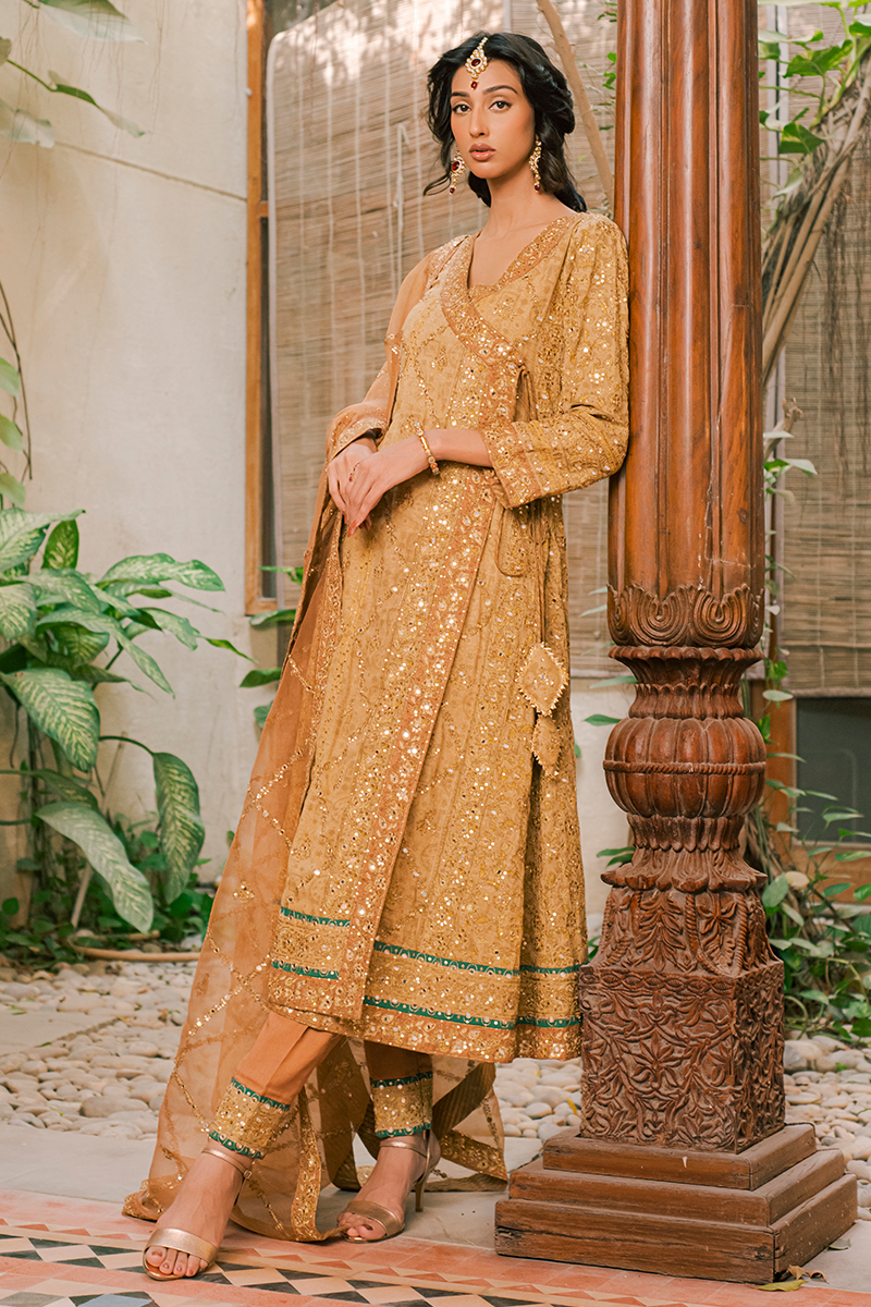 Coffee Brown Hand Blocked Cotton Lawn Angarkha with Aari, Sequins & Mirror Work