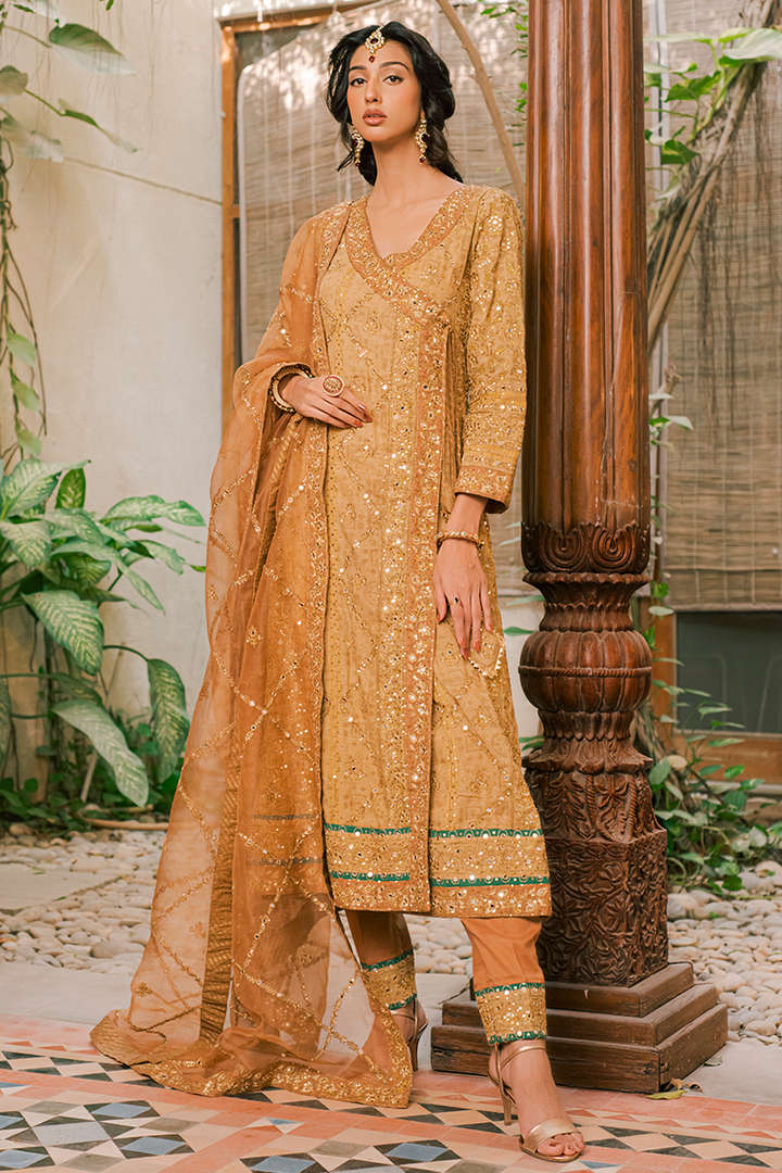 Pale Copper Hand Blocked Cotton Lawn Angarkha with Tilla, Gota, Mirrors & Sequins