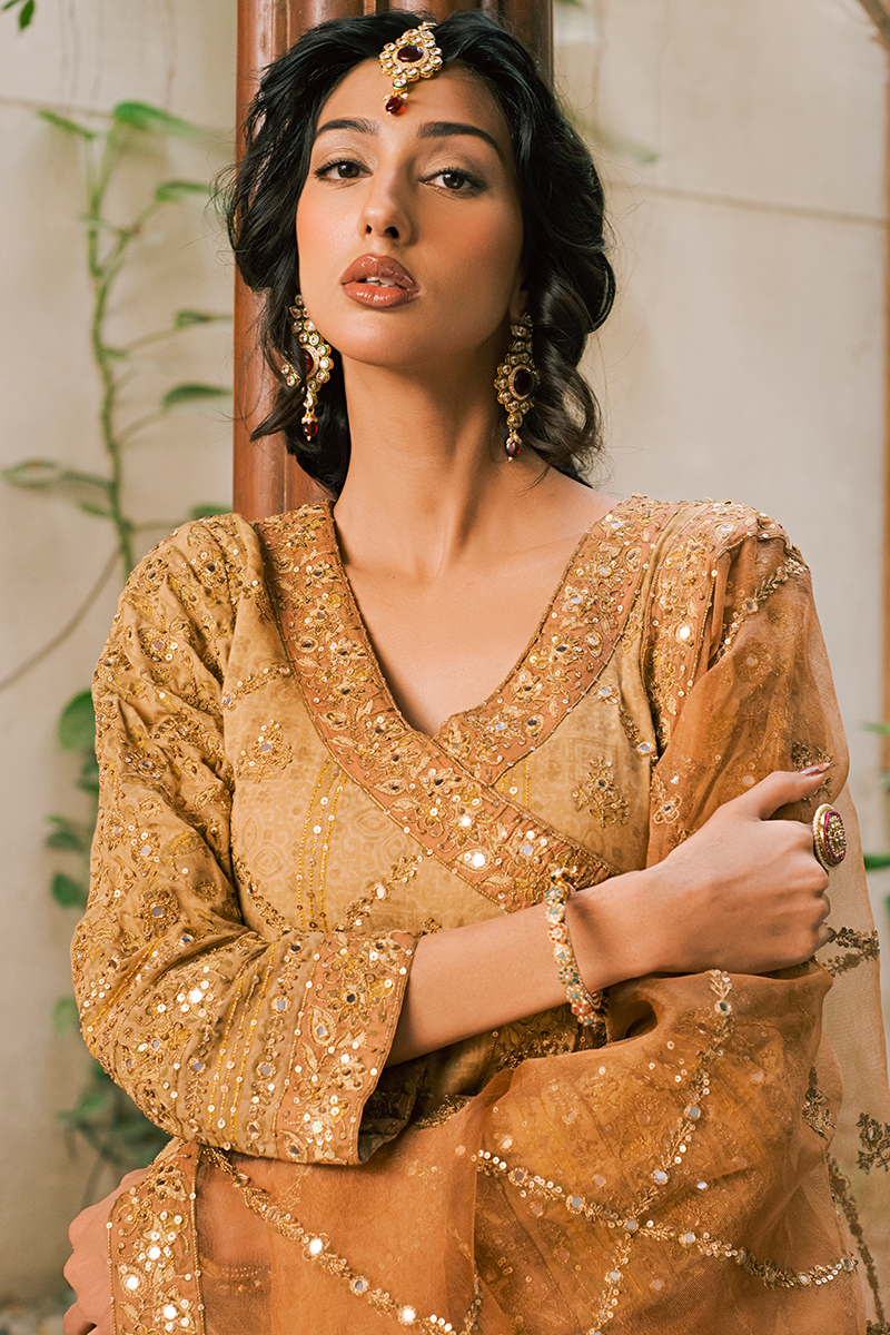 Coffee Brown Hand Blocked Cotton Lawn Angarkha with Aari, Sequins & Mirror Work