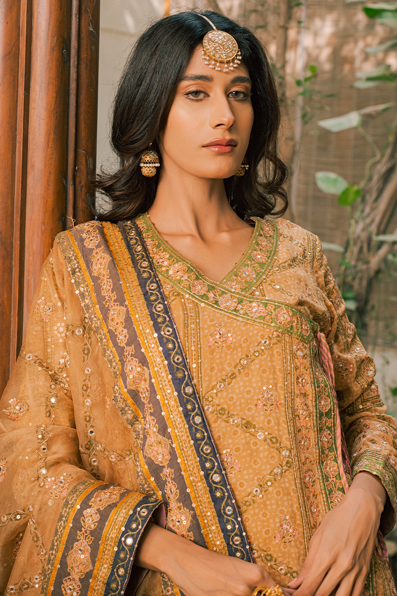 Coffee Brown Hand Blocked Cotton Lawn Angarkha with Aari, Sequins & Mirror Work