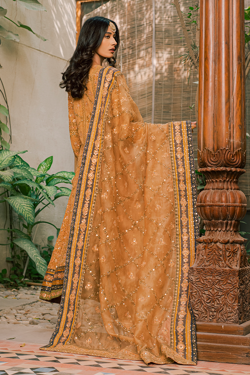 Coffee Brown Hand Blocked Cotton Lawn Angarkha with Aari, Sequins & Mirror Work