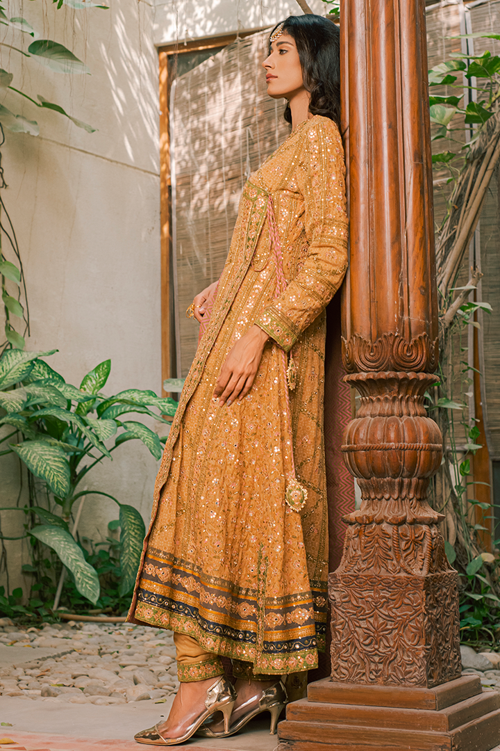 Coffee Brown Hand Blocked Cotton Lawn Angarkha with Aari, Sequins & Mirror Work