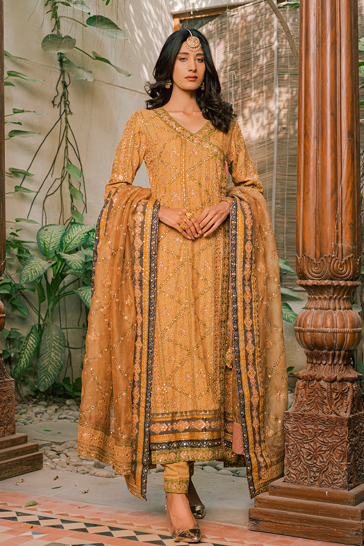 Coffee Brown Hand Blocked Cotton Lawn Angarkha with Aari, Sequins & Mirror Work