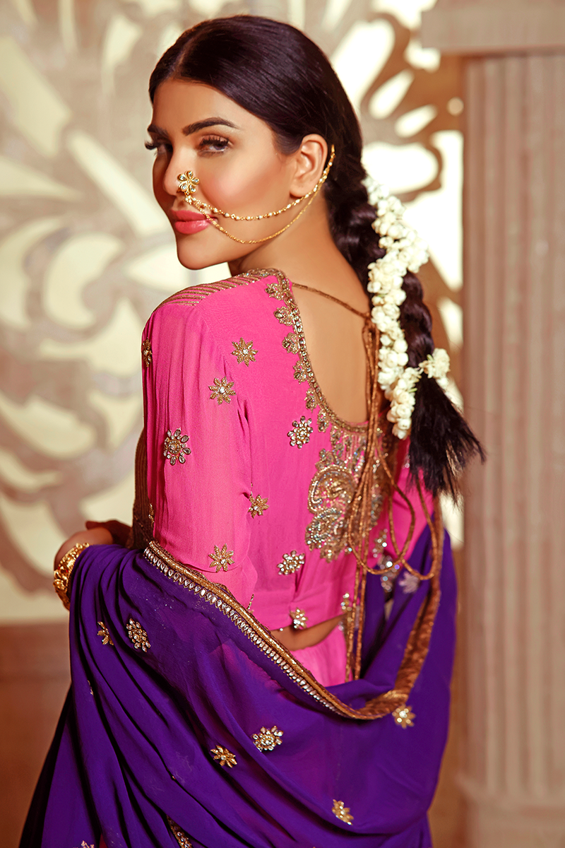 Dusty Pink Pure Chiffon Lehnga Choli with Resham, Kundan & Beaded Motifs