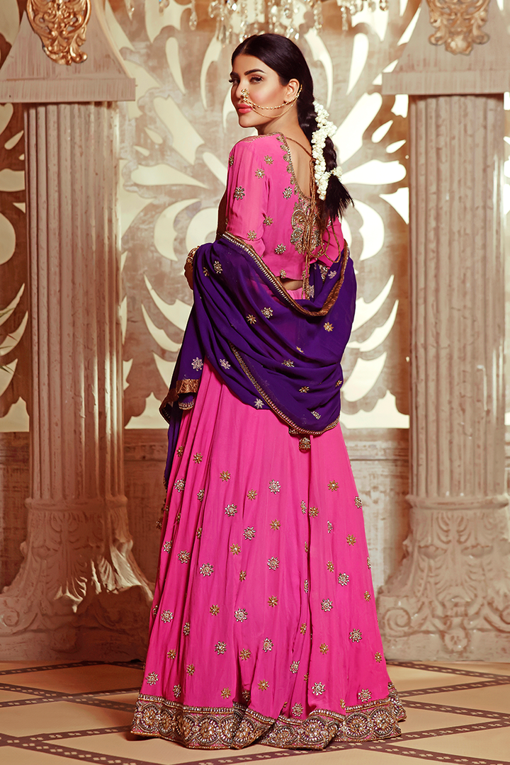 Dusty Pink Pure Chiffon Lehnga Choli with Resham, Kundan & Beaded Motifs