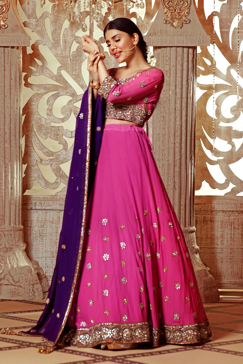 Dusty Pink Pure Chiffon Lehnga Choli with Resham, Kundan & Beaded Motifs
