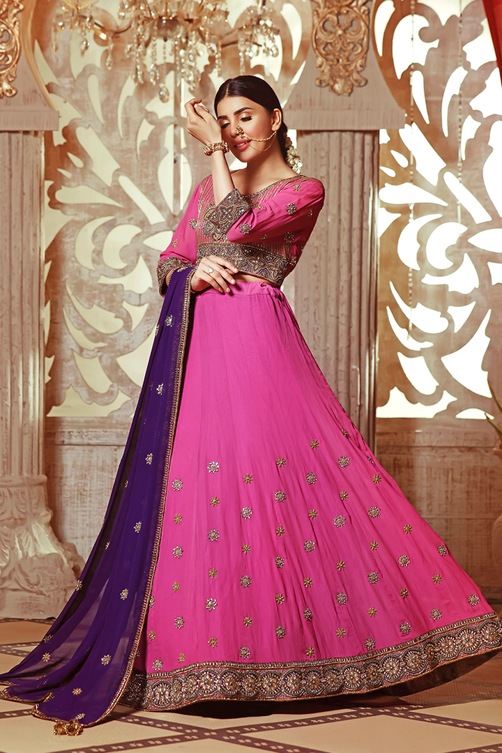 Dusty Pink Pure Chiffon Lehnga Choli with Resham, Kundan & Beaded Motifs