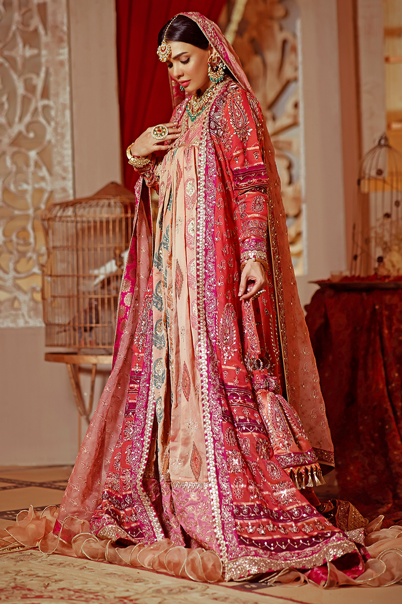 Salmon Pink Floor-Length Banarasi Cotton with Black Paisley Motifs and Tilla Work
