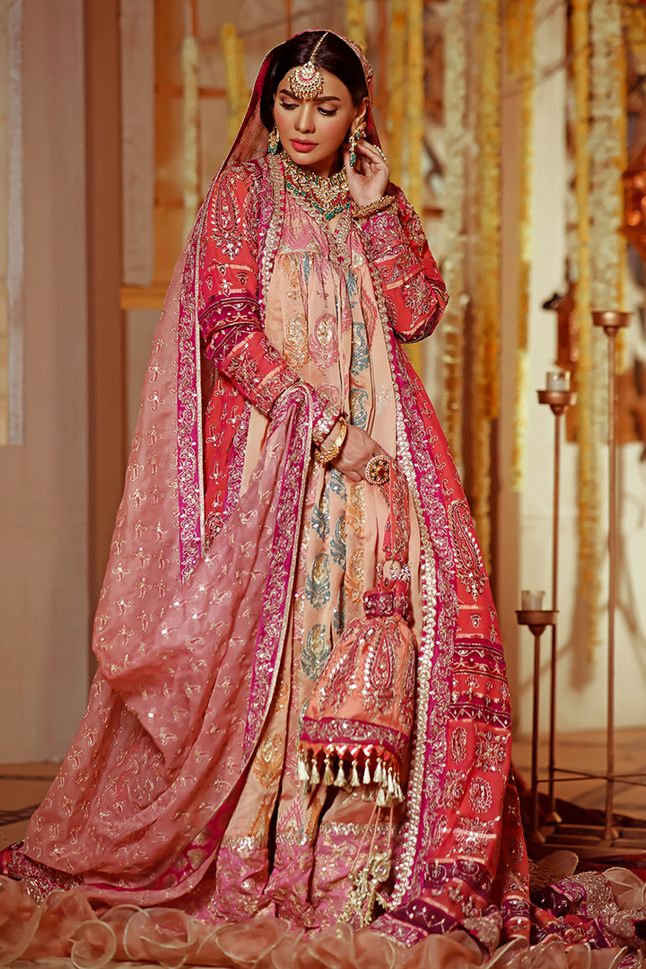 Salmon Pink Floor-Length Banarasi Cotton with Black Paisley Motifs and Tilla Work