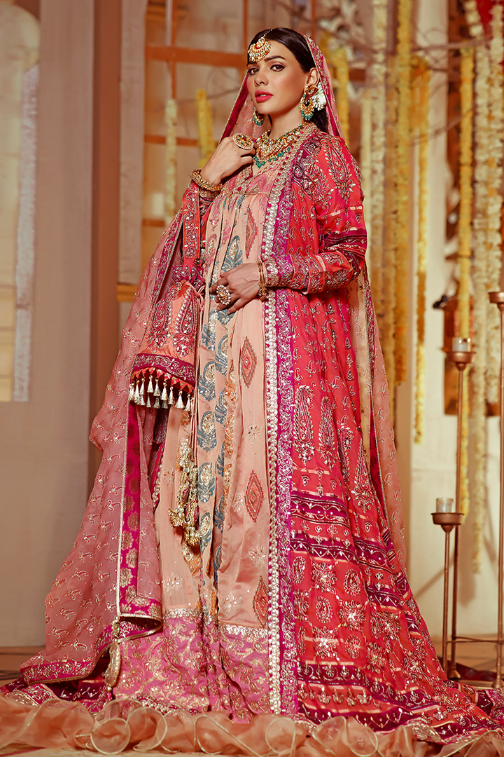 Salmon Pink Floor-Length Banarasi Cotton with Black Paisley Motifs and Tilla Work