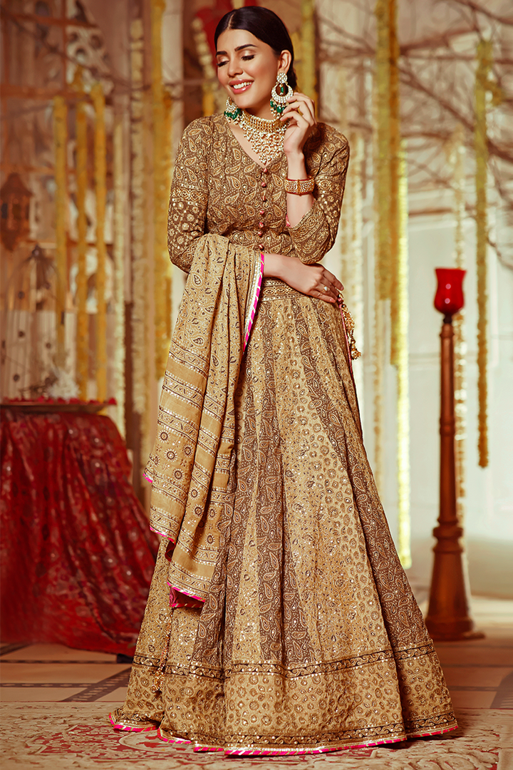 Coffee Beige Ajrak Block Printed Lehnga Choli with Dull Gold Aari and Sequins