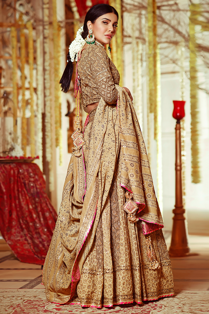 Coffee Beige Ajrak Block Printed Lehnga Choli with Dull Gold Aari and Sequins
