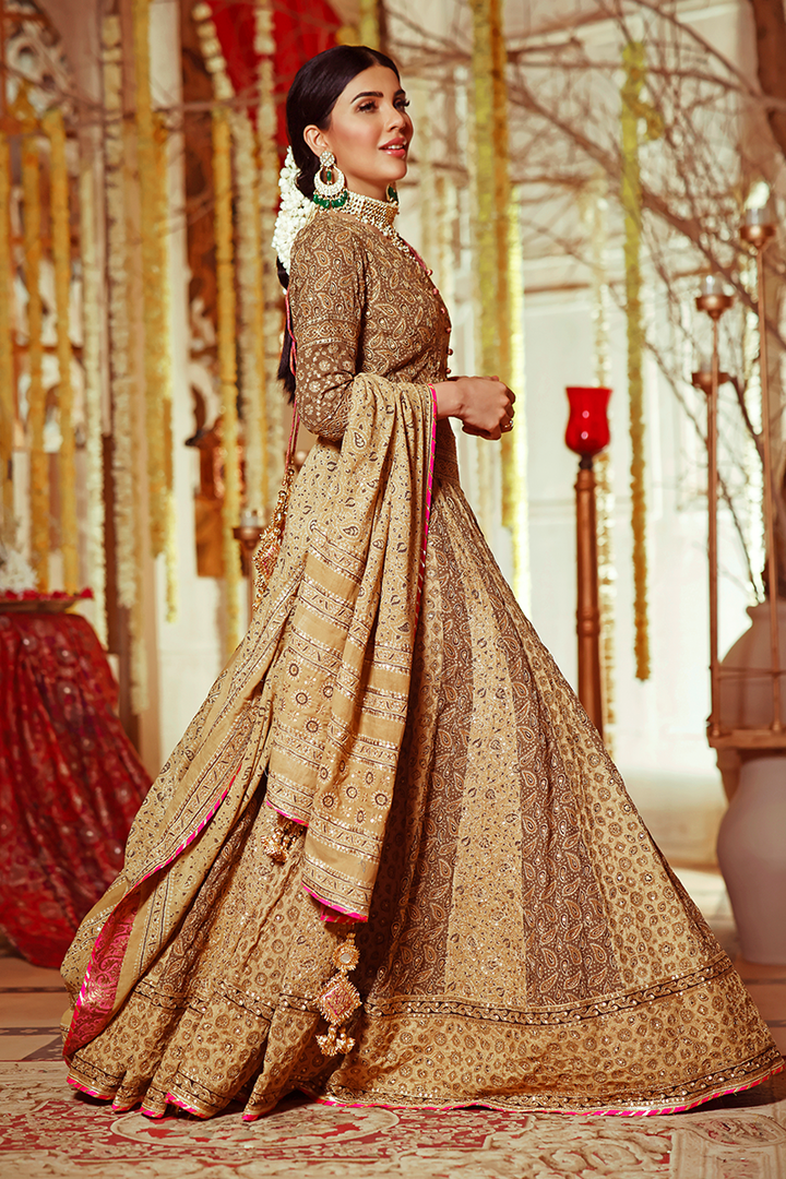Coffee Beige Ajrak Block Printed Lehnga Choli with Dull Gold Aari and Sequins