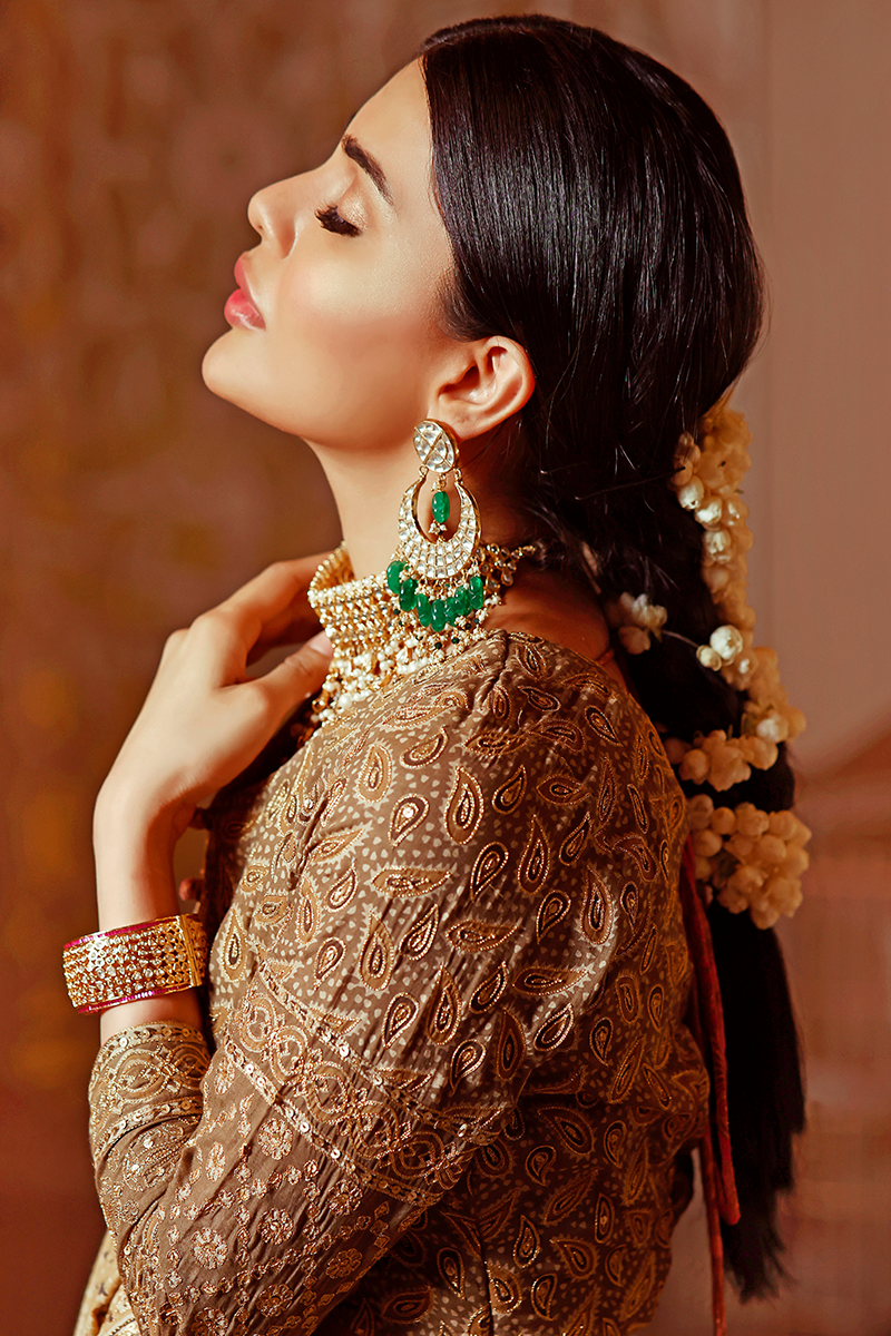 Coffee Beige Ajrak Block Printed Lehnga Choli with Dull Gold Aari and Sequins