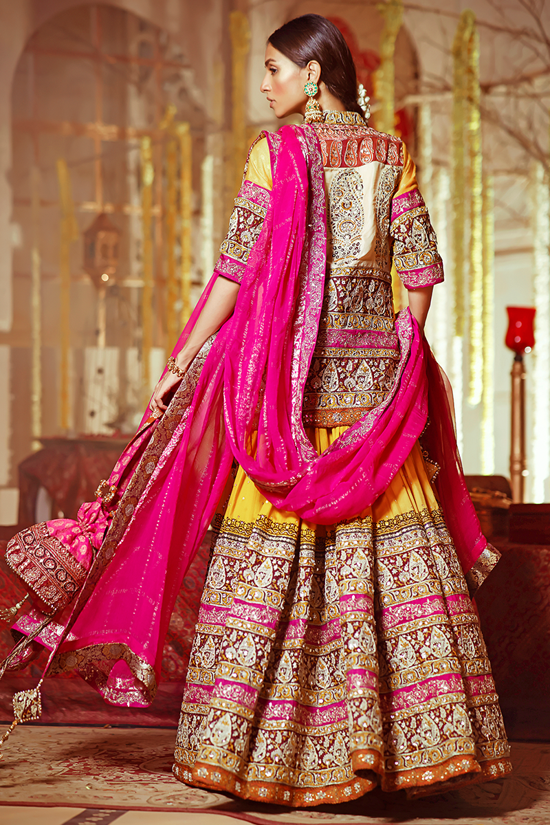 Vibrant Yellow Rajasthani Block Print Lehnga with Banarasi Gold Marori & Kundan Work