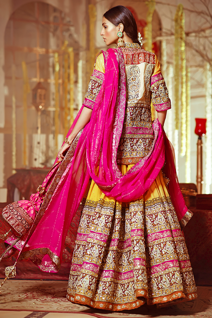 Vibrant Yellow Rajasthani Block Print Lehnga with Banarasi Gold Marori & Kundan Work