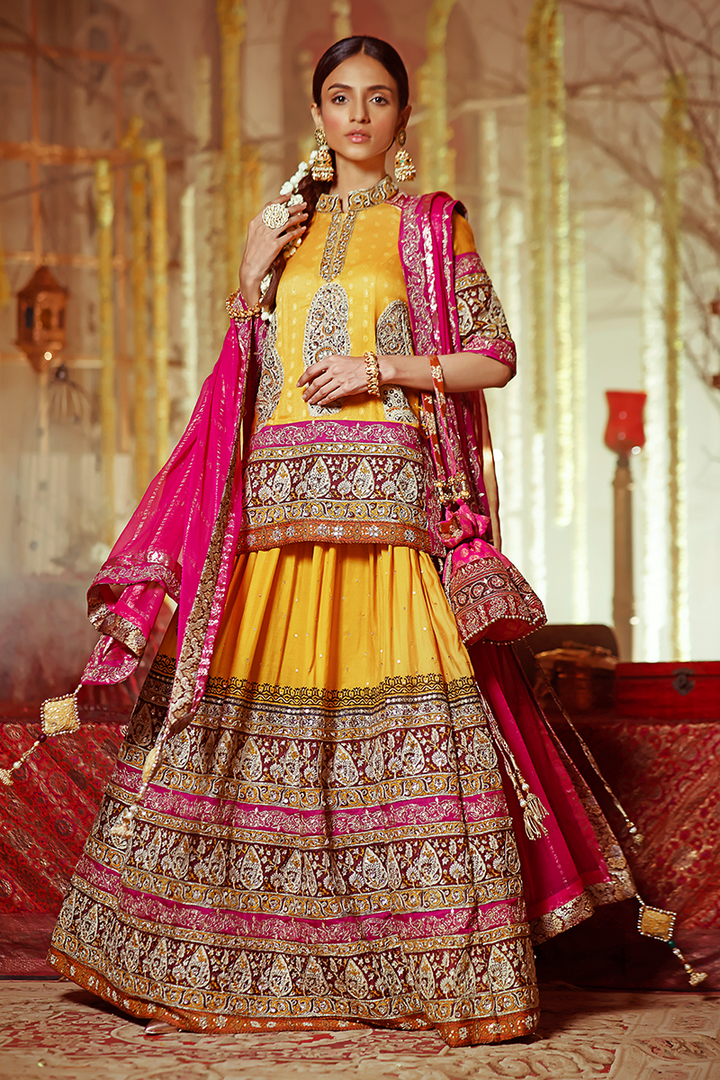 Vibrant Yellow Rajasthani Block Print Lehnga with Banarasi Gold Marori & Kundan Work