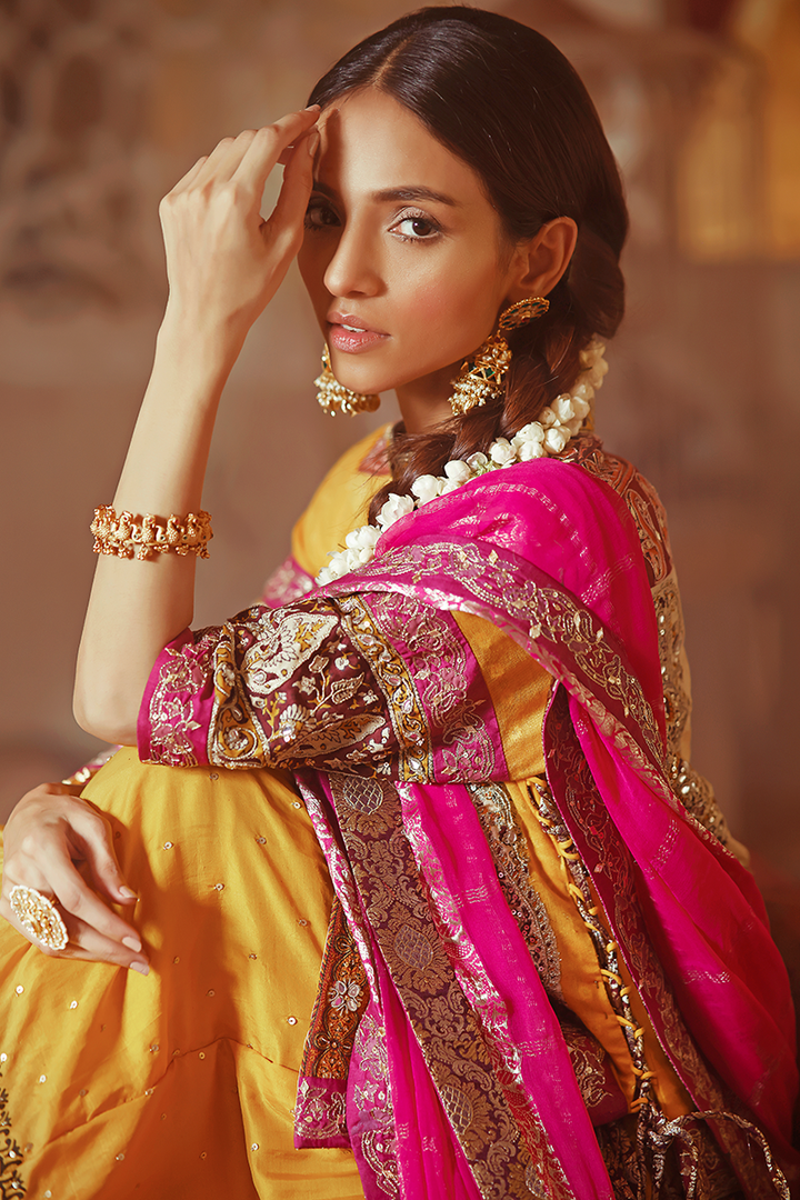 Vibrant Yellow Rajasthani Block Print Lehnga with Banarasi Gold Marori & Kundan Work