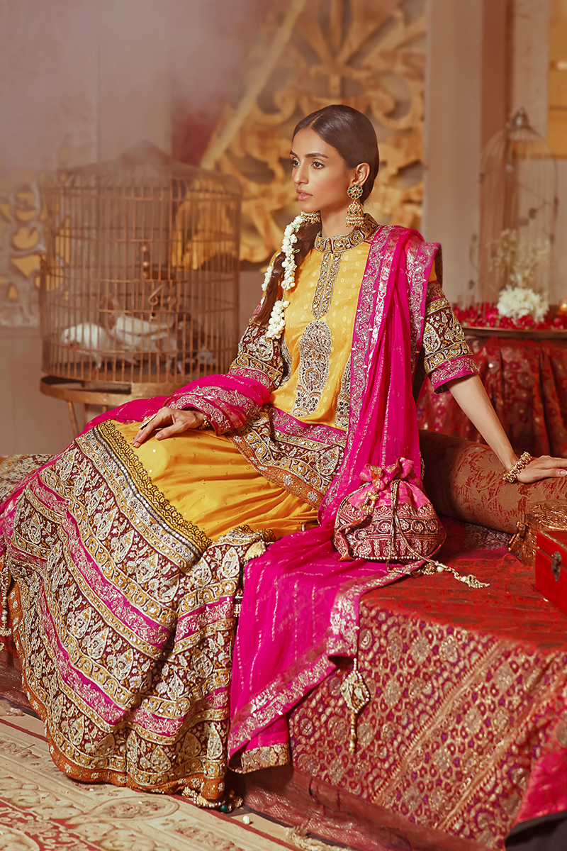 Vibrant Yellow Rajasthani Block Print Lehnga with Banarasi Gold Marori & Kundan Work