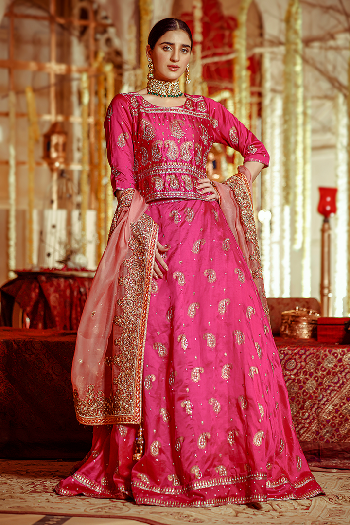 Fuchsia Pink Lehnga with Silver Tilla and Sequins Embellished Quarter-Sleeve Blouse