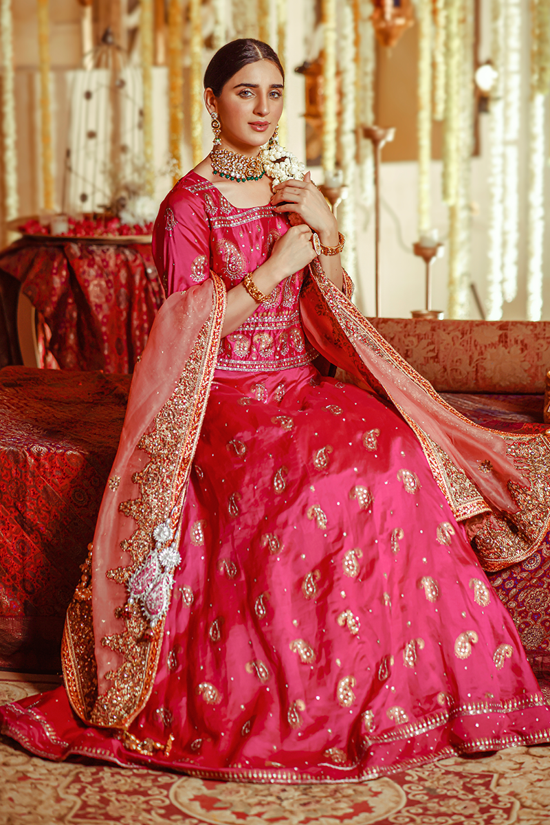 Fuchsia Pink Lehnga with Silver Tilla and Sequins Embellished Quarter-Sleeve Blouse
