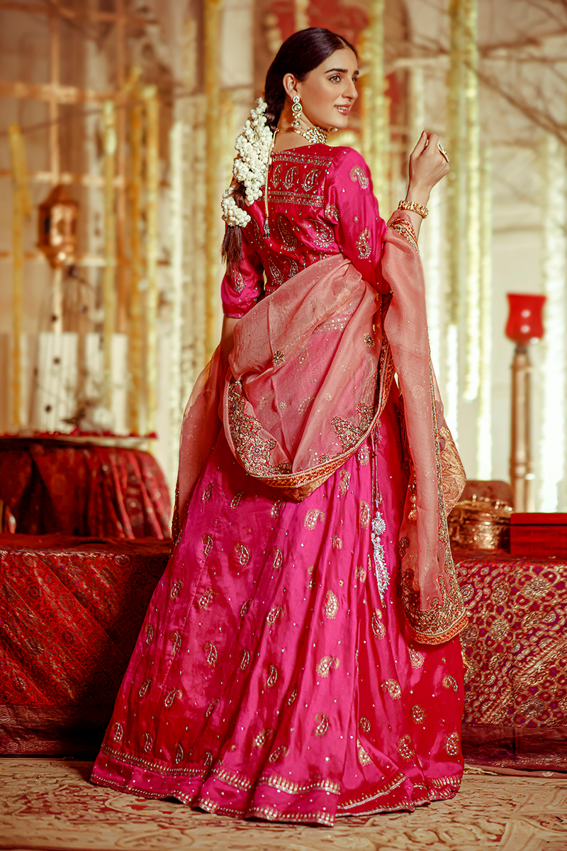 Fuchsia Pink Lehnga with Silver Tilla and Sequins Embellished Quarter-Sleeve Blouse