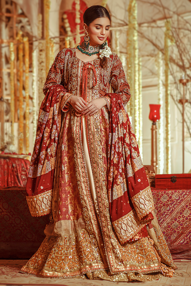 Carmine & Rust Pure Silk Jamawar Anarkali with Marori, Sequins, Kundan & Tilla