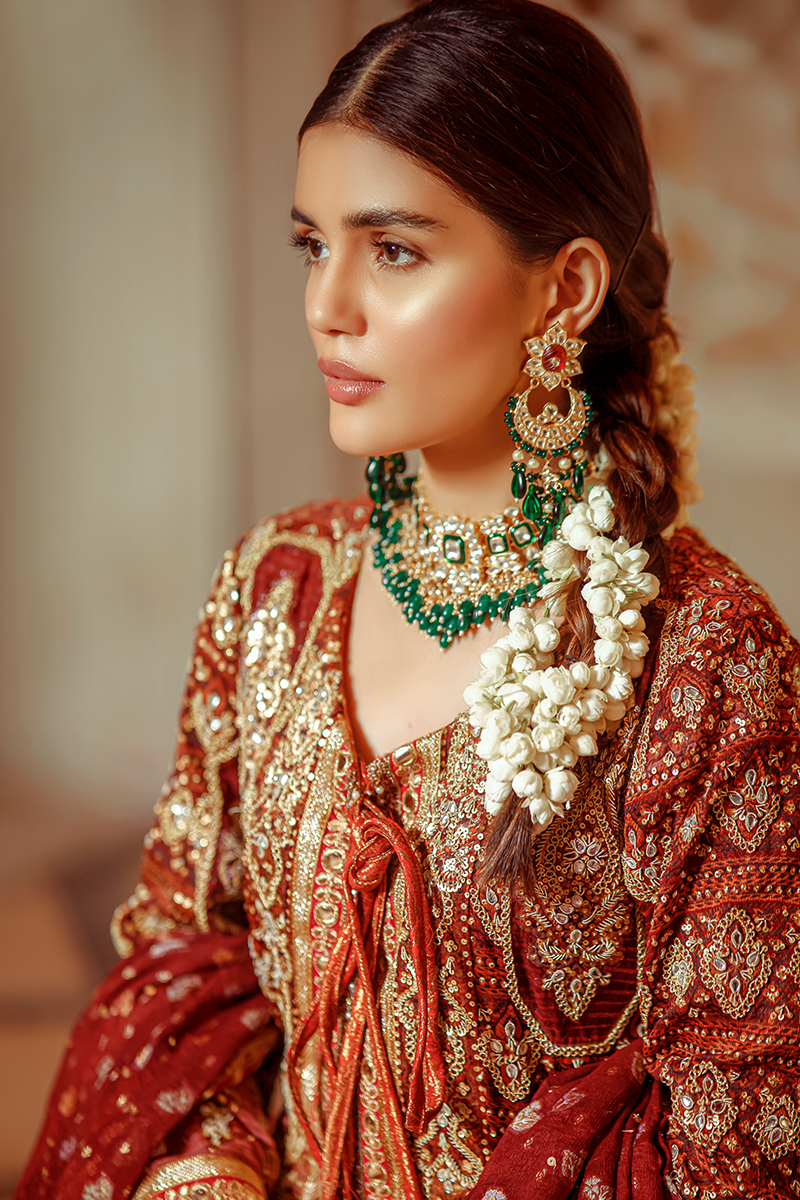 Carmine & Rust Pure Silk Jamawar Anarkali with Marori, Sequins, Kundan & Tilla