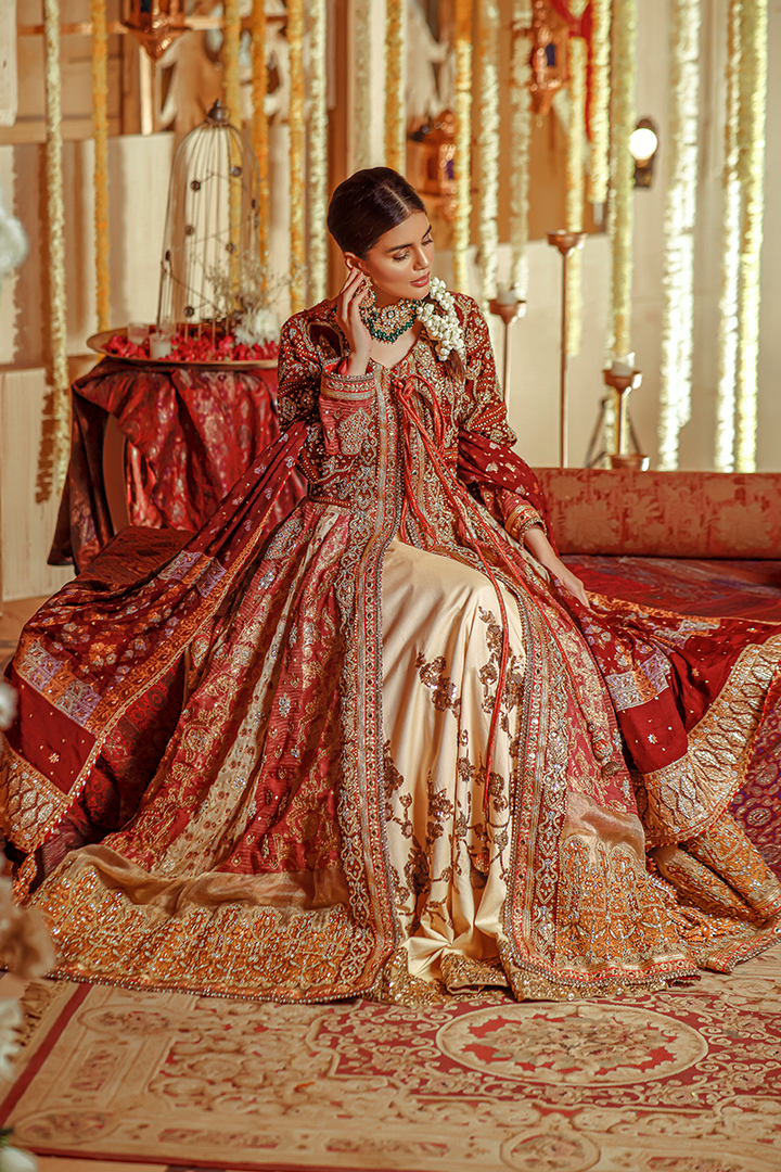 Carmine & Rust Pure Silk Jamawar Anarkali with Marori, Sequins, Kundan & Tilla