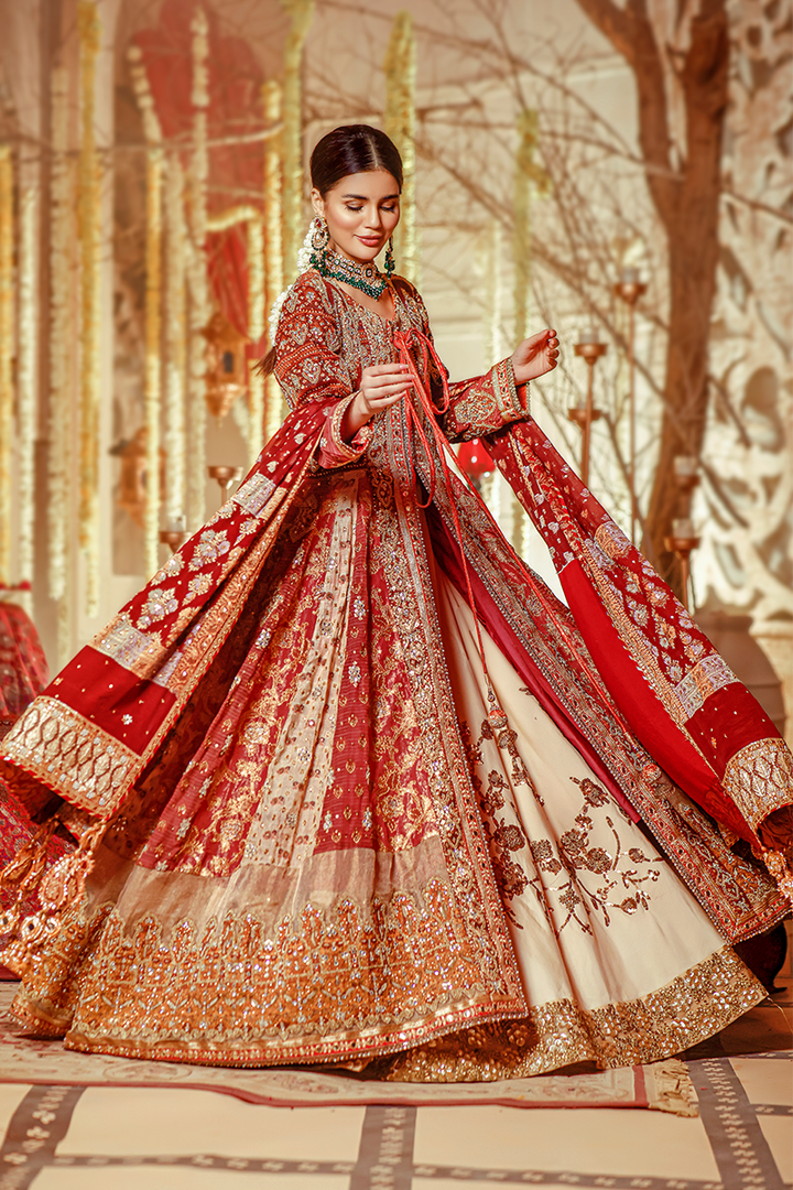 Carmine & Rust Pure Silk Jamawar Anarkali with Marori, Sequins, Kundan & Tilla