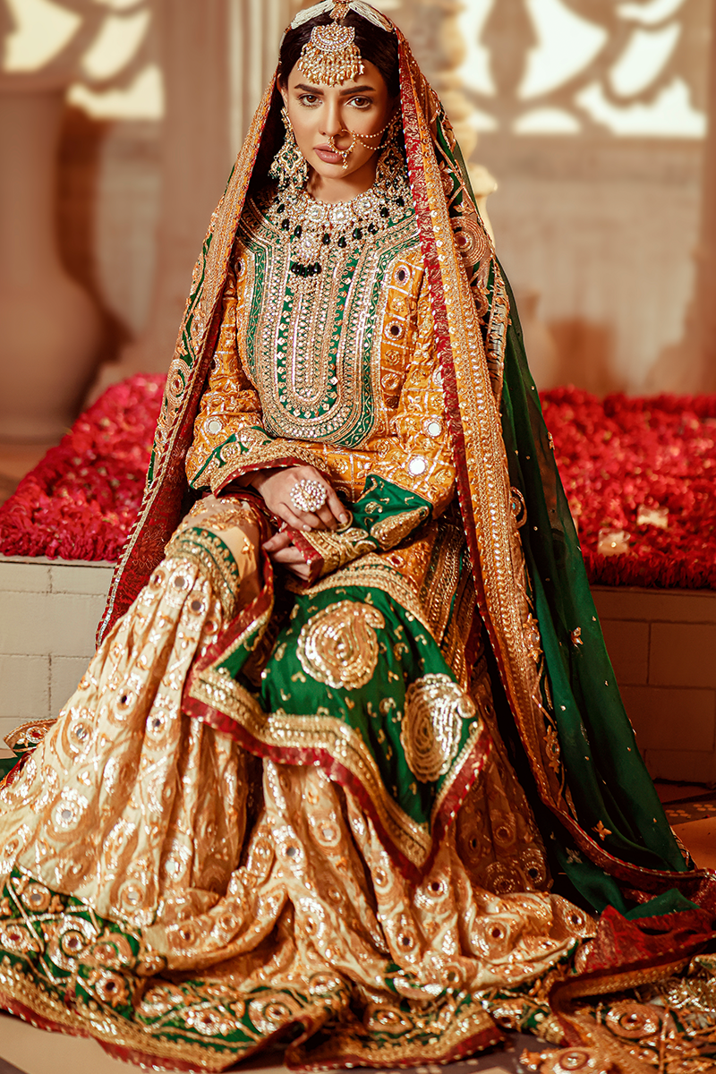 Mustard Chunri Shirt & Dupatta with Gotta and Mirror Work Paired with Beige Gharara