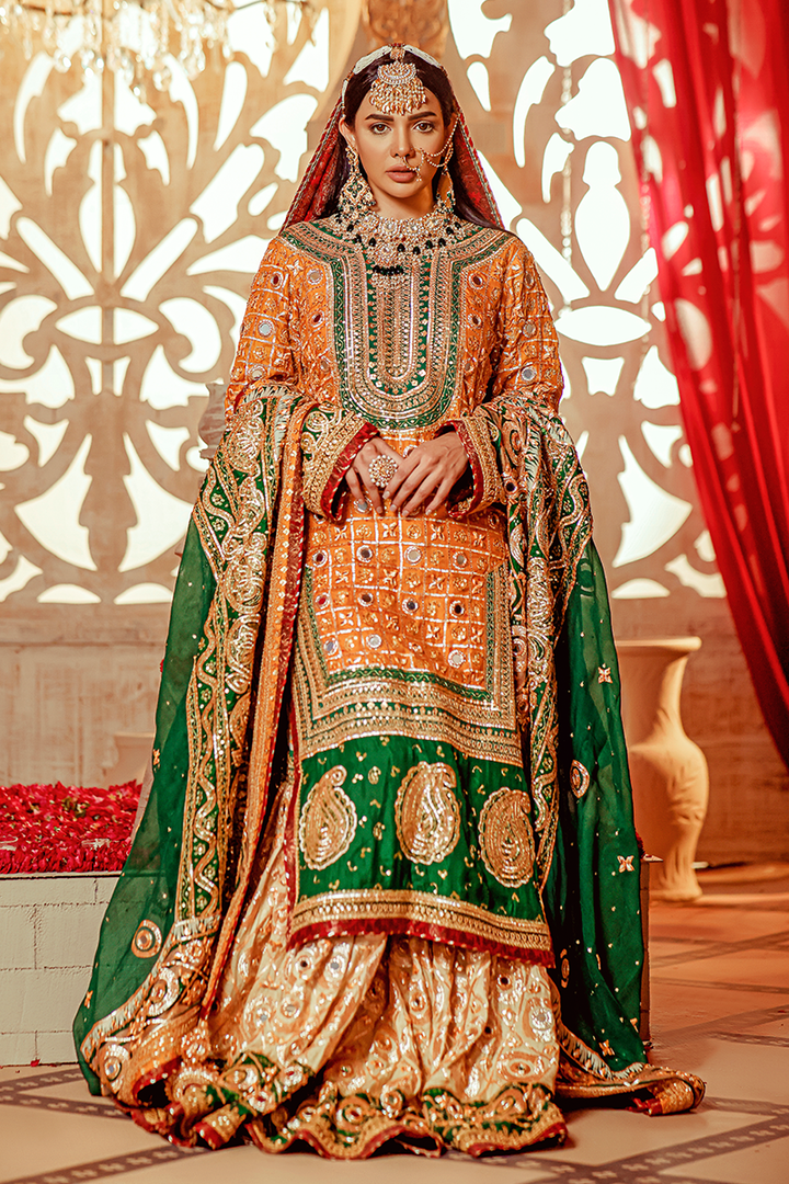 Mustard Chunri Shirt & Dupatta with Gotta and Mirror Work Paired with Beige Gharara