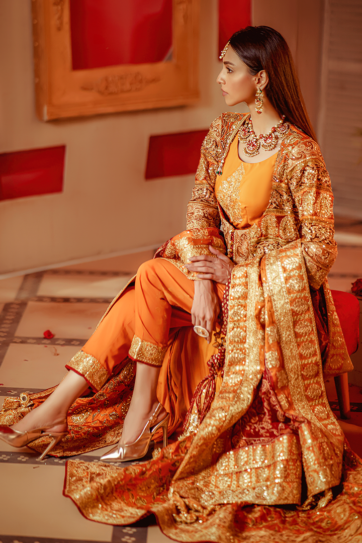 Honey Mustard & Burnt Orange Pure Katan Silk Angarkha with Tilla, Gotta & Sequins