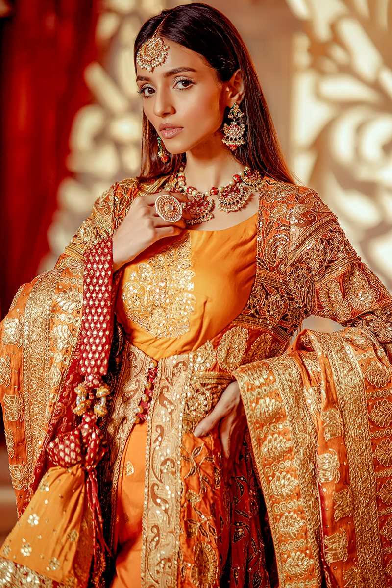 Honey Mustard & Burnt Orange Pure Katan Silk Angarkha with Tilla, Gotta & Sequins