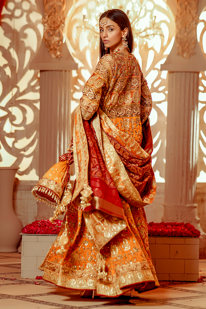Honey Mustard & Burnt Orange Pure Katan Silk Angarkha with Tilla, Gotta & Sequins