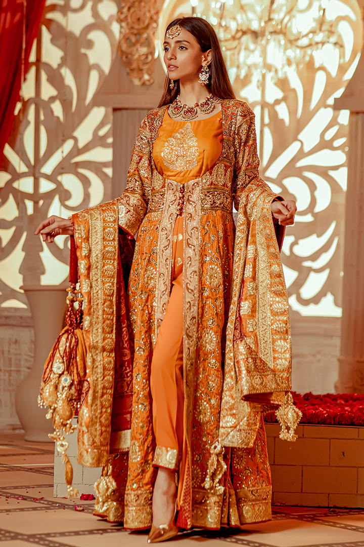 Honey Mustard & Burnt Orange Pure Katan Silk Angarkha with Tilla, Gotta & Sequins