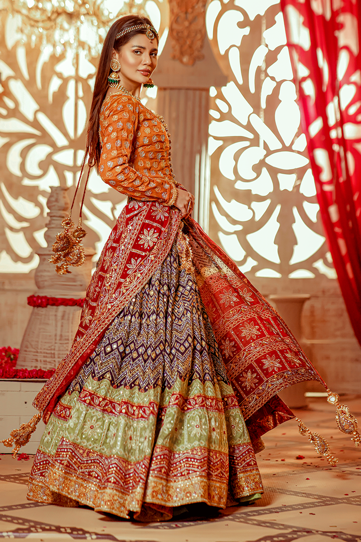 Multi-Coloured Rajasthani Block Print with Ari & Tilla Work with Matching Dupatta
