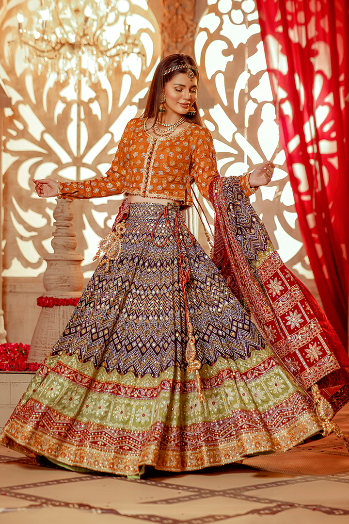 Multi-Coloured Rajasthani Block Print with Ari & Tilla Work with Matching Dupatta