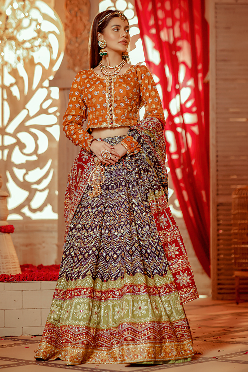 Multi-Coloured Rajasthani Block Print with Ari & Tilla Work with Matching Dupatta