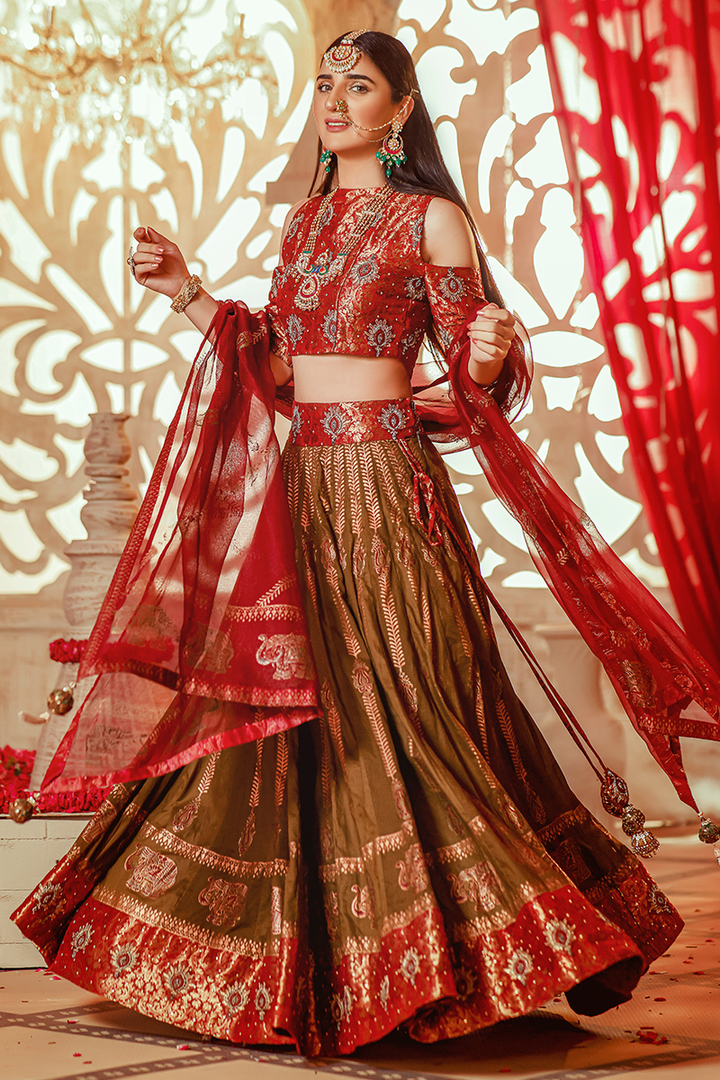 Pure Cotton Mehndi Green Hand-Blocked Lehnga with Banarasi Jamawar Off-Shoulder Choli